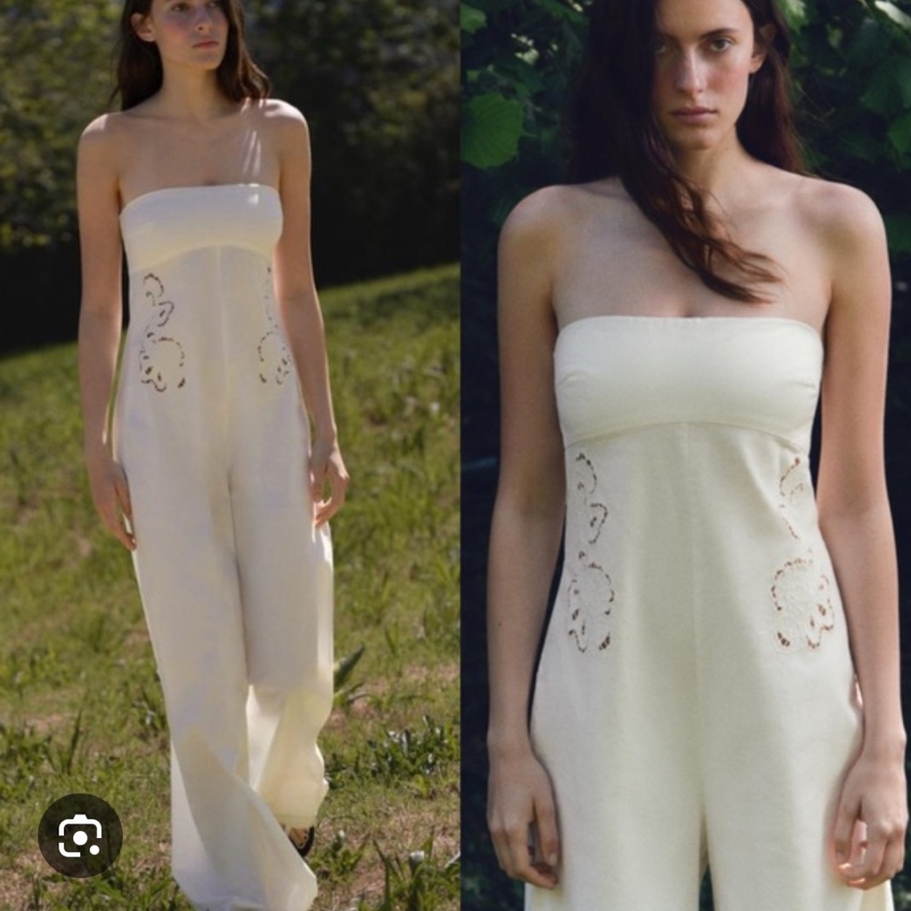 Zara NWT Strapless Embroidered Wide Leg Jumpsuit Oyster White Small 0881/361